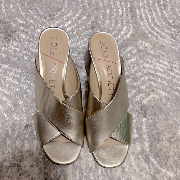Sole Society Gold Mules with Crisscross Straps - Picture 1 of 5